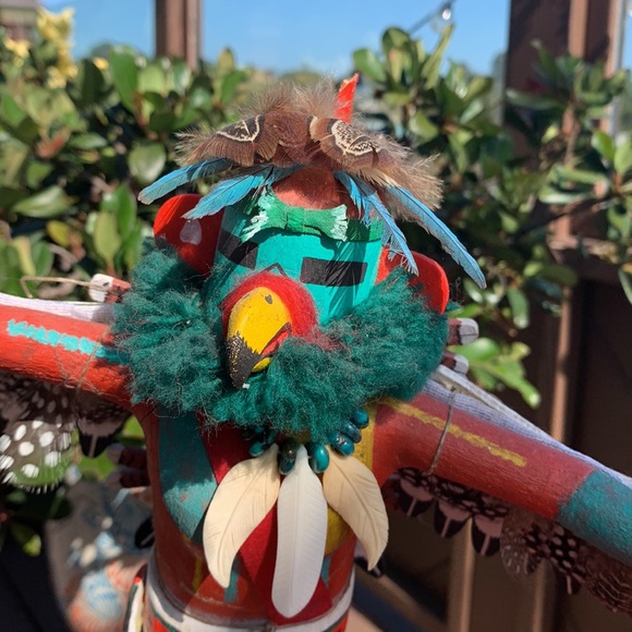 Hopi Indian Kachina Doll wooden, 11” tall wooden stand w feathers wings vintage - Picture 4 of 12